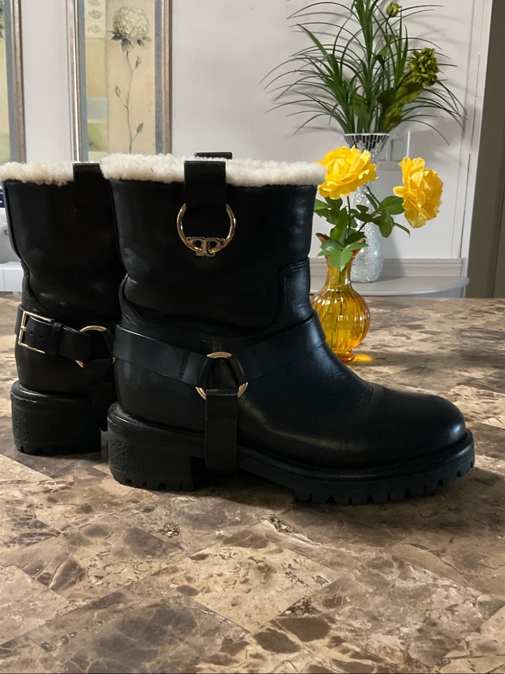 Black Shearling-Trim Moto Boots